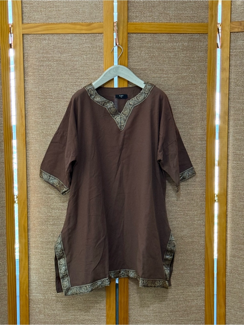 Brown Short-Sleeve Tunic Shirt with Decorative Trim